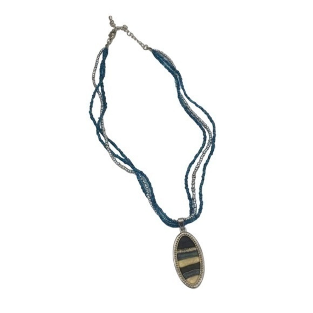 NECKLACE blue & silver beaded  with oval pendant